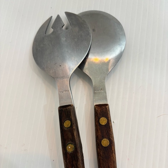 Vintage Salad Serving Set Wood Handle Stainless Rostfrei German MCM 11.5” - Picture 3 of 9